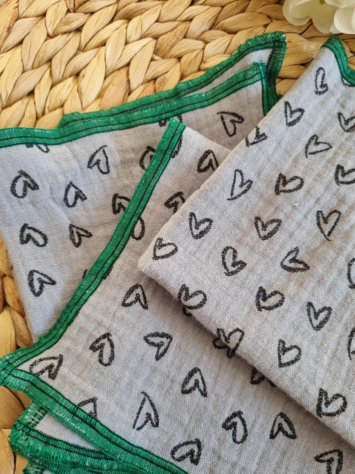 Stylish Grey Handkerchiefs with Heart Print – Soft, Washable, Eco-Friendly, Reusable Muslin Fabric (Set of 3)