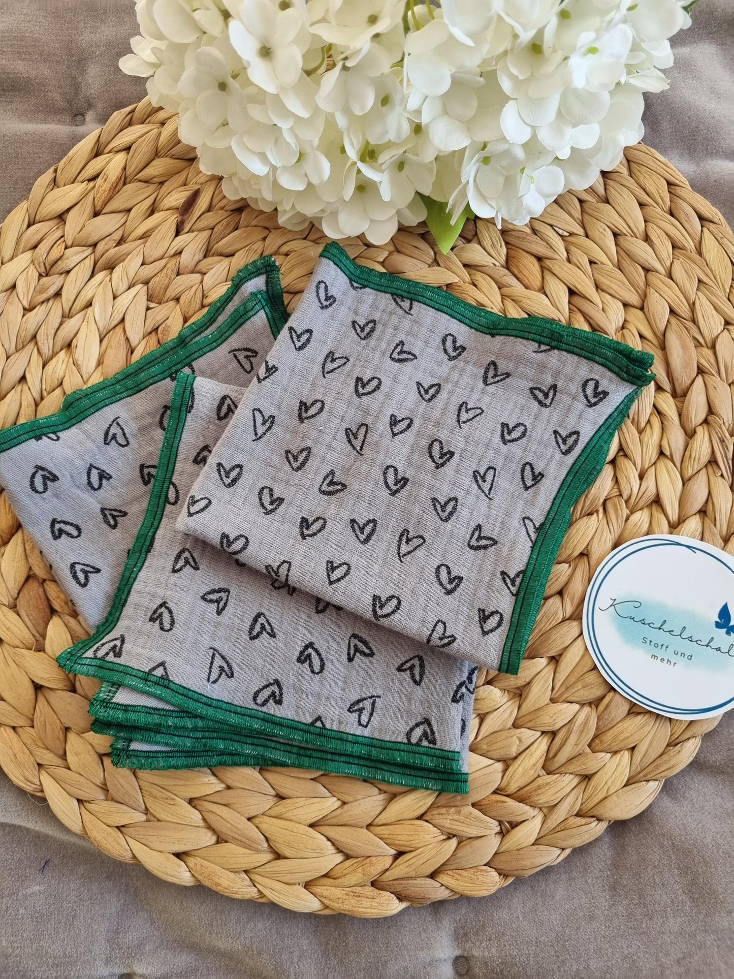 Stylish Grey Handkerchiefs with Heart Print – Soft, Washable, Eco-Friendly, Reusable Muslin Fabric (Set of 3)