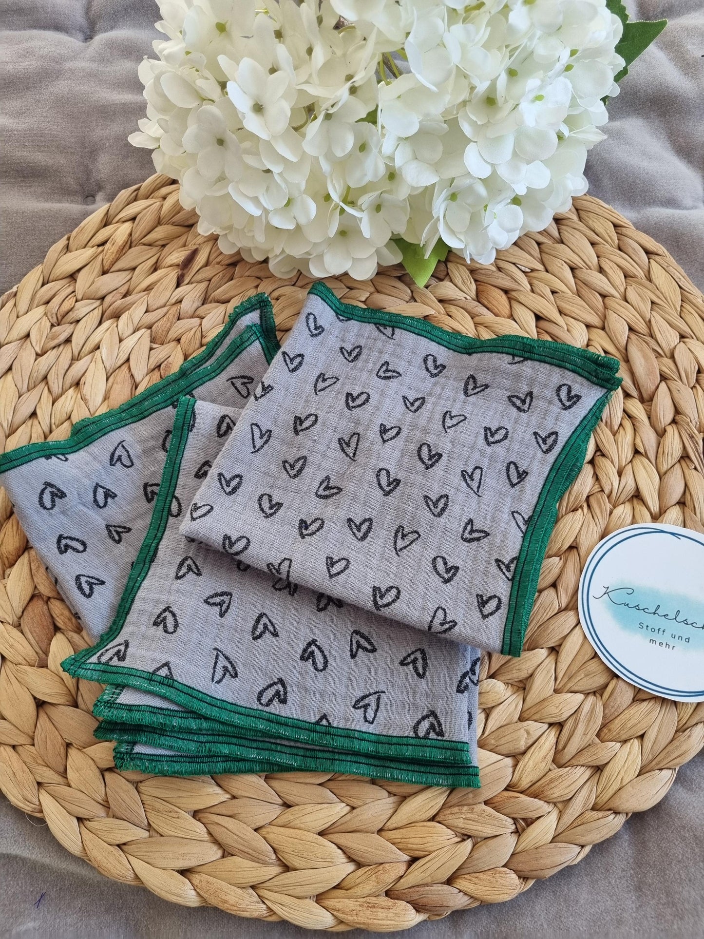 Stylish Grey Handkerchiefs with Heart Print – Soft, Washable, Eco-Friendly, Reusable Muslin Fabric (Set of 3)