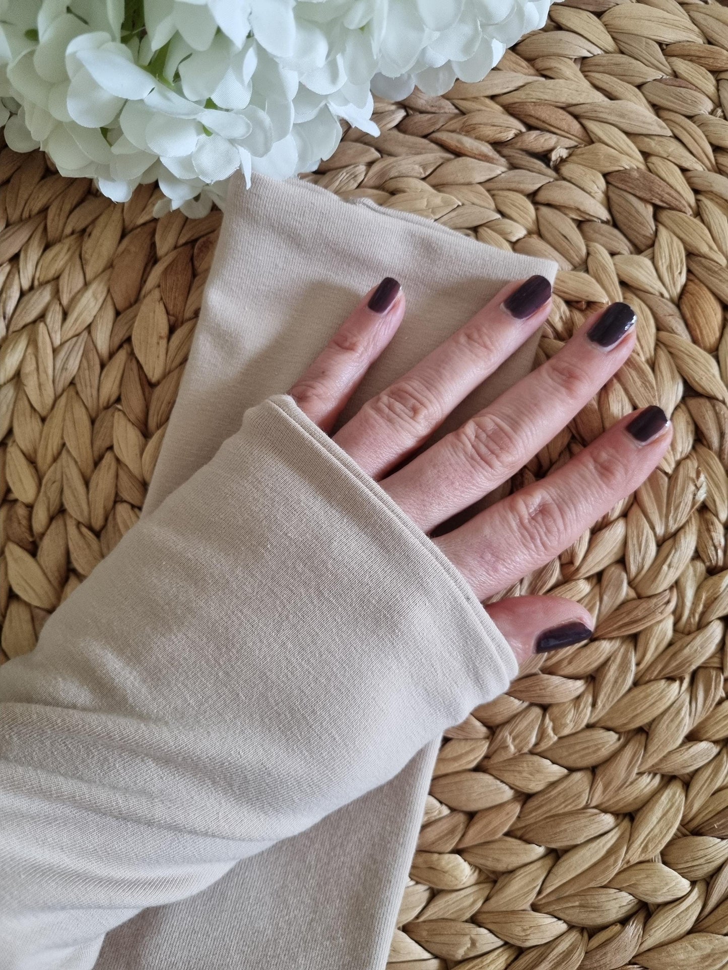 Stylish cozy wristwarmers for adults organic cotton wrist warmers organic jersey beige neutral coloured for adults one size fits all