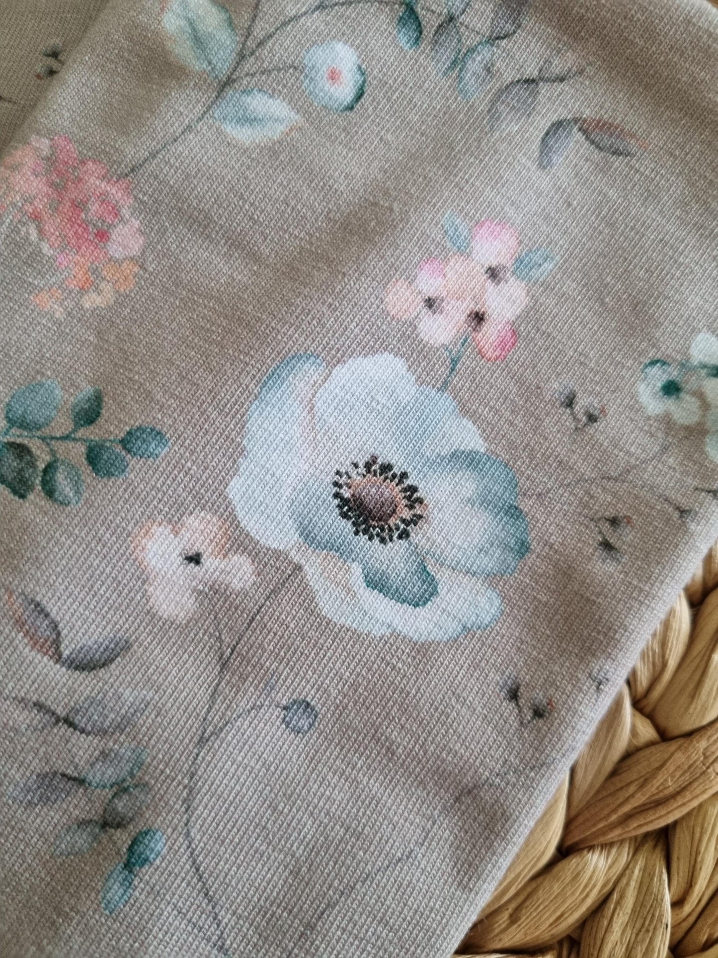 Stylish cozy wristwarmers for adults organic cotton wrist warmers organic jersey flowered print romantic print beige