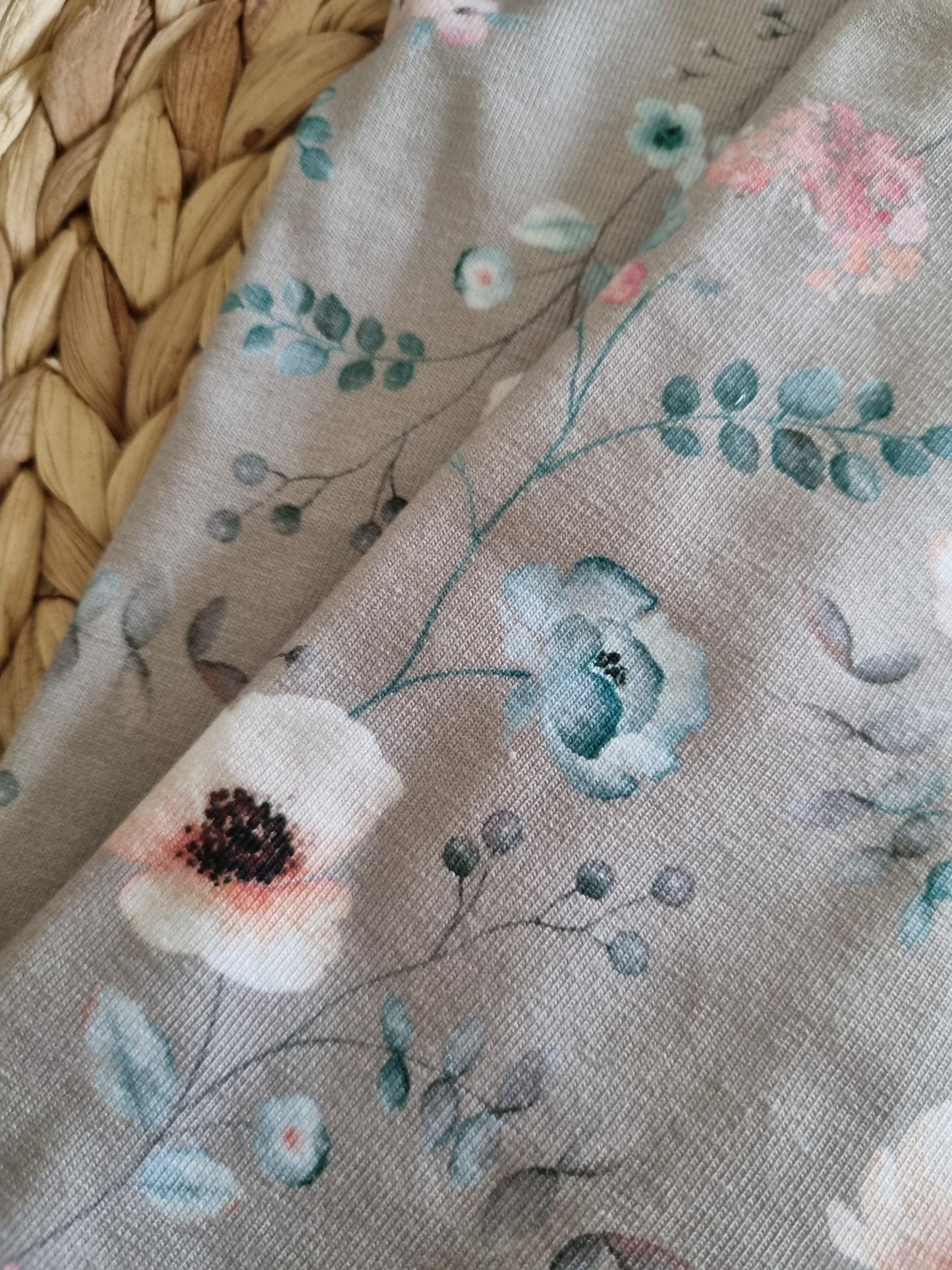 Stylish cozy wristwarmers for adults organic cotton wrist warmers organic jersey flowered print romantic print beige