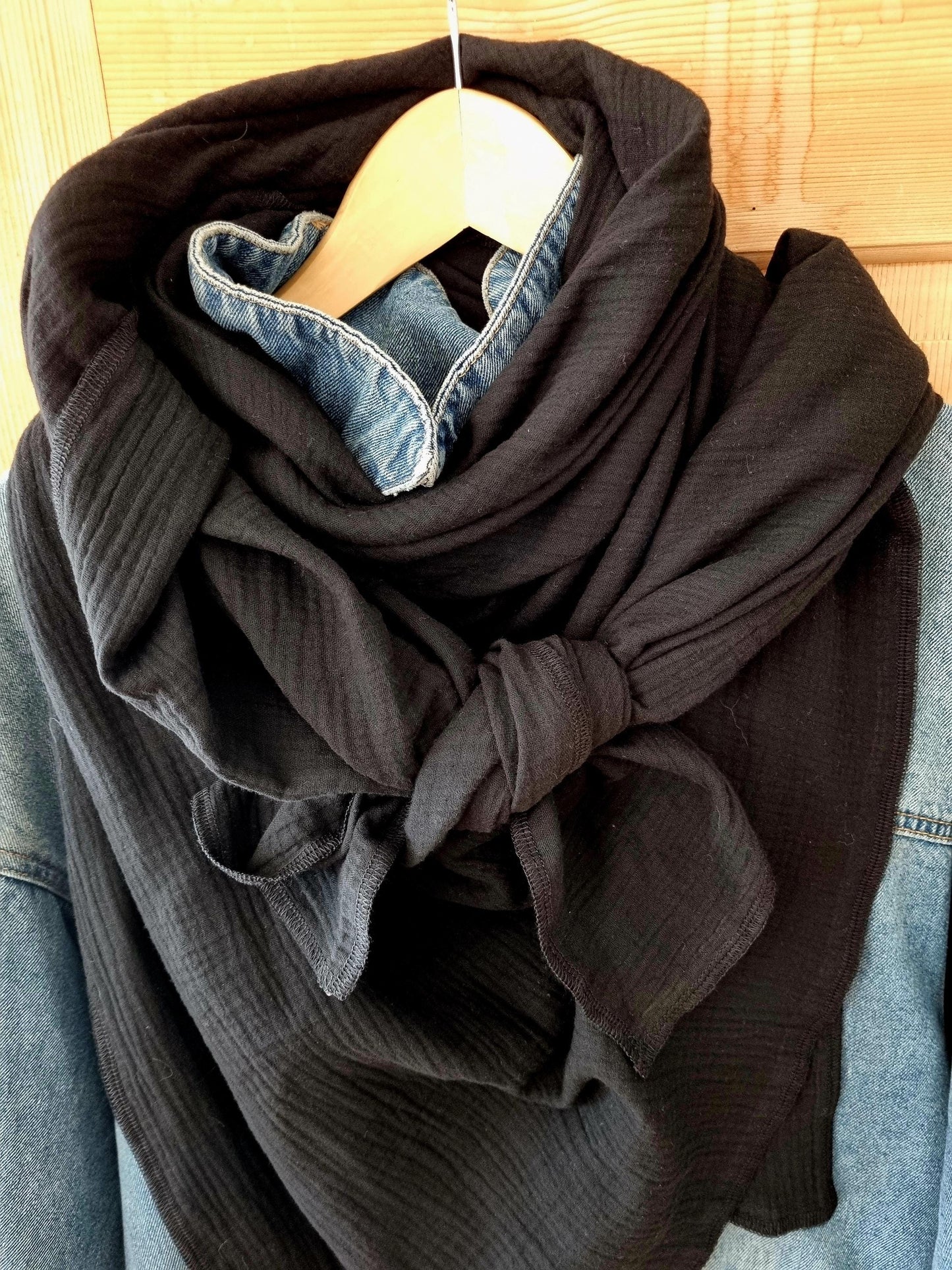 XXXL Black organic Cotton Stole Scarf - Cozy black Wrap - Versatile Shawl for Travel - Boho Fashion Accessory - perfect Gift