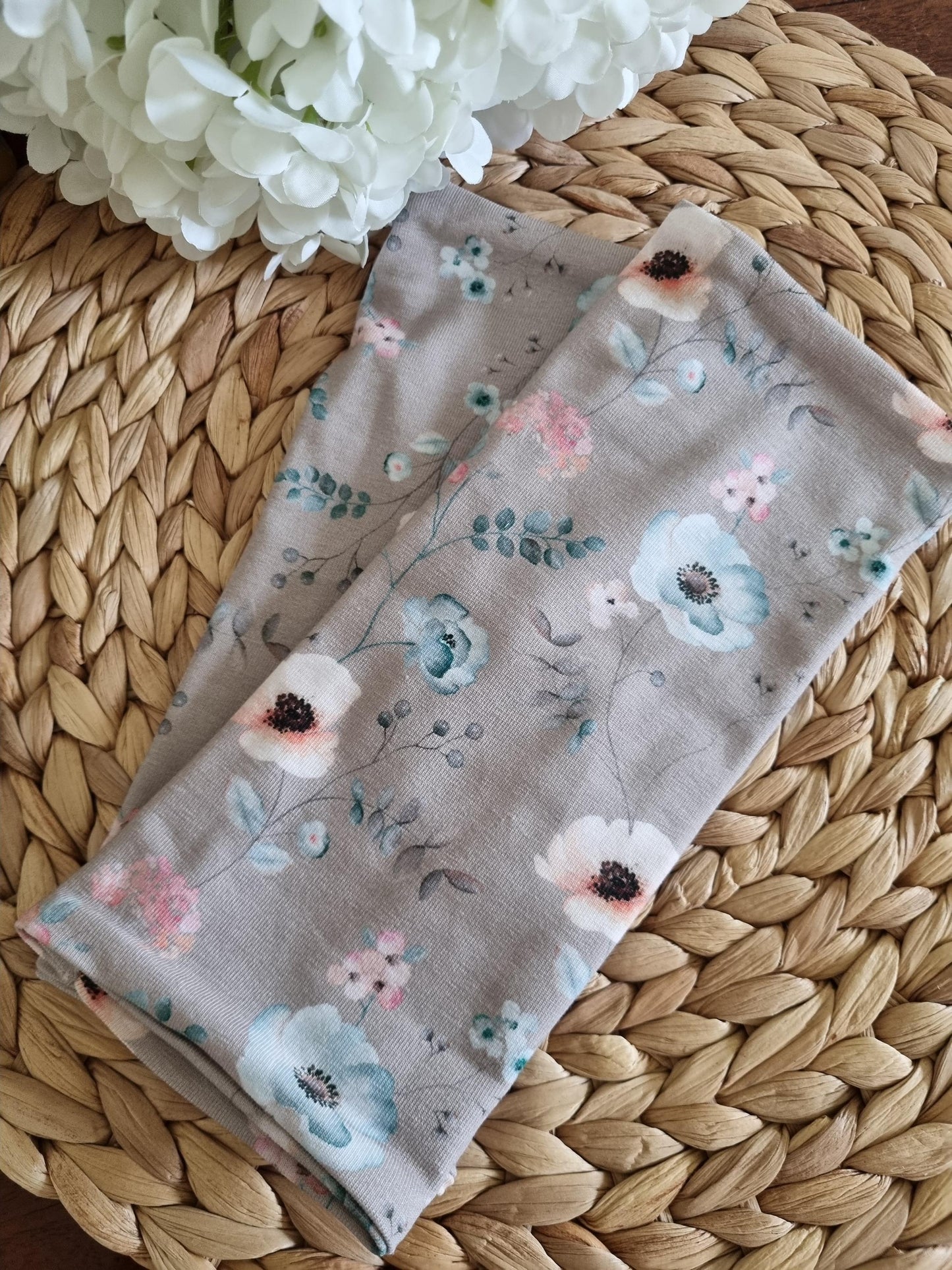Stylish cozy wristwarmers for adults organic cotton wrist warmers organic jersey flowered print romantic print beige