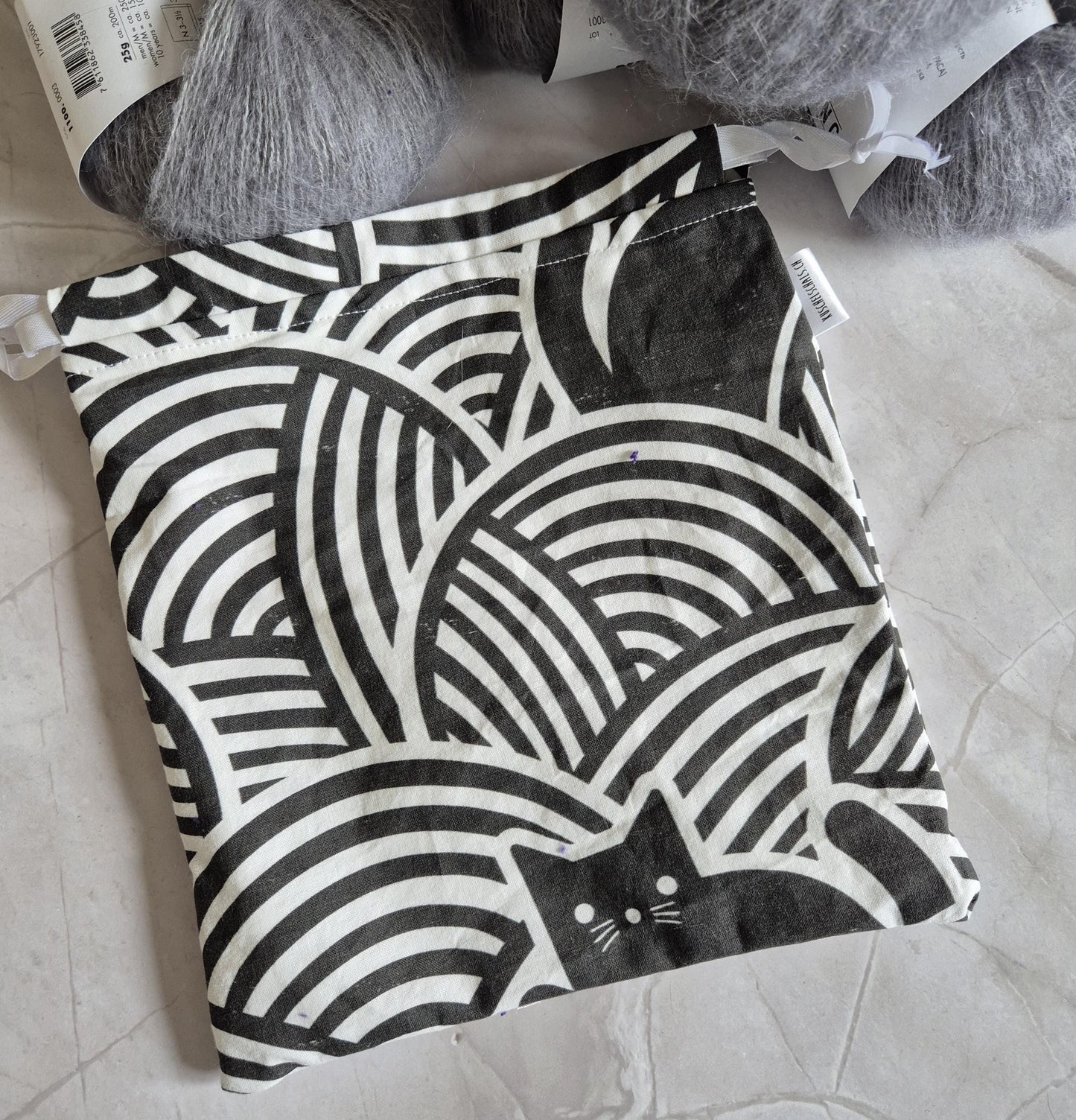Black cat in yarn Print project Bag -3 Sizes- for knitting or crochet perfect gift for any crafter knitter crocheter handmade valentine gift