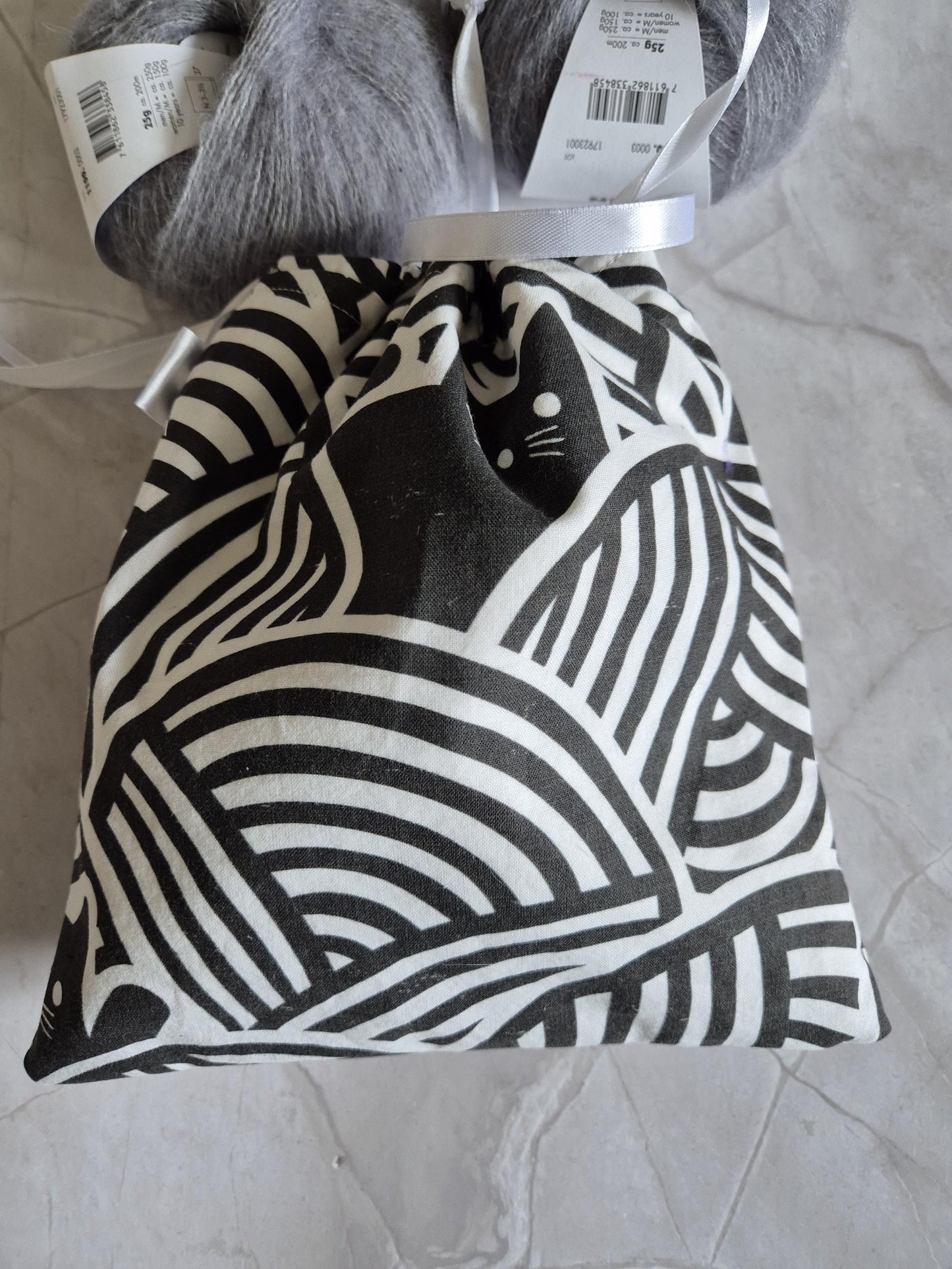 Black cat in yarn Print project Bag -3 Sizes- for knitting or crochet perfect gift for any crafter knitter crocheter handmade valentine gift