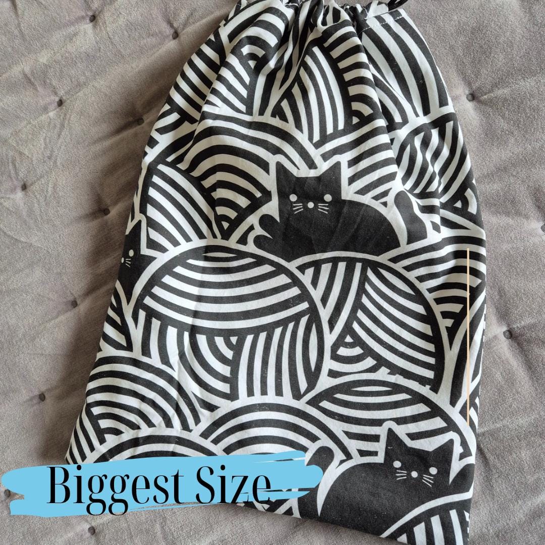Black cat in yarn Print project Bag -3 Sizes- for knitting or crochet perfect gift for any crafter knitter crocheter handmade valentine gift