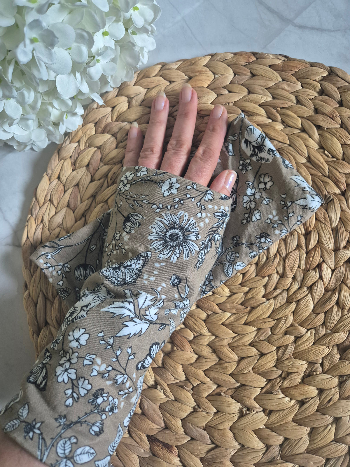 Reversible Blümchen Apricot Pulswärmer Armstulpen fingerlose Handschuhe für Erwachsene aus BioBaumwolljersey