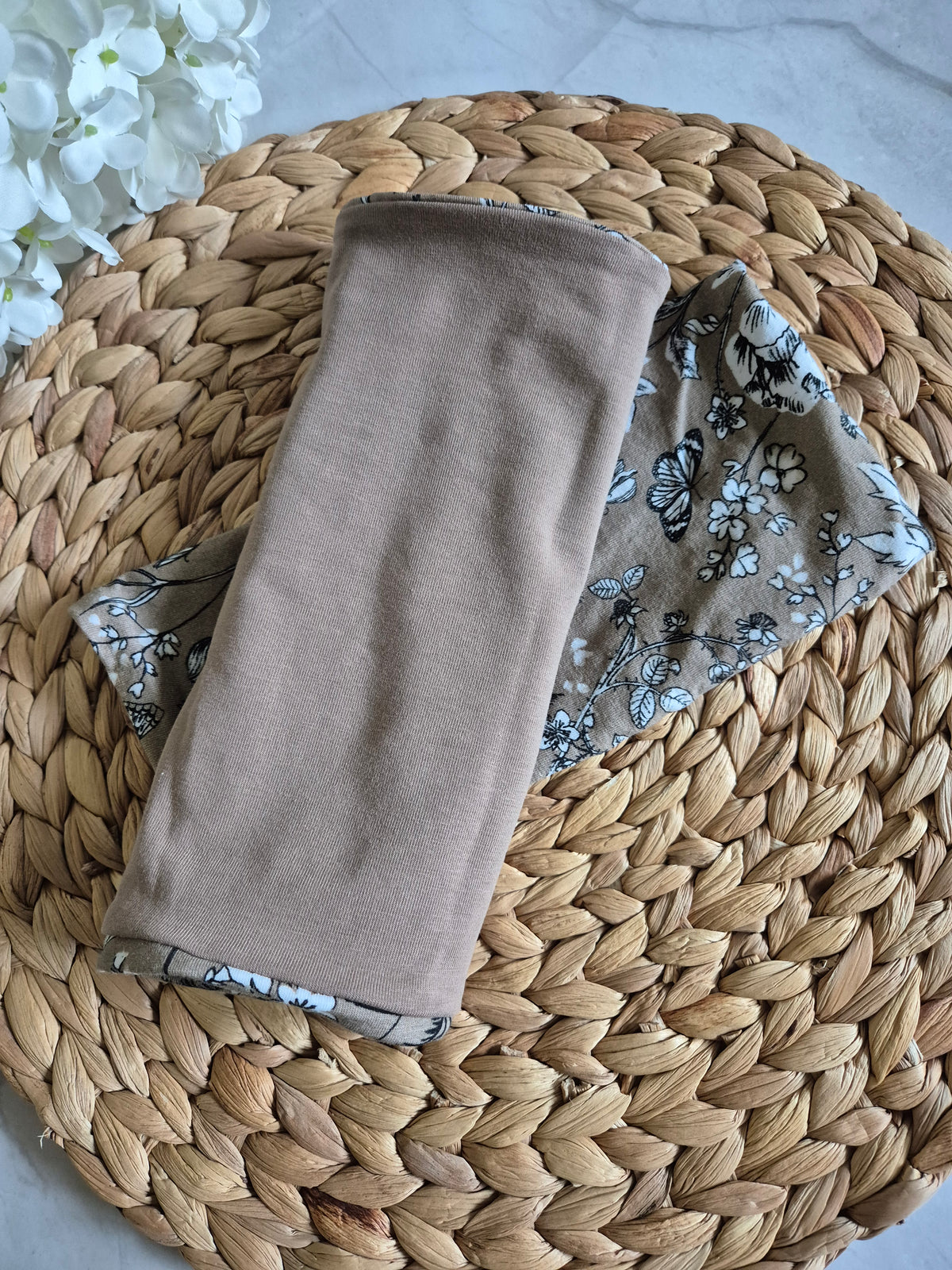 Reversible Blümchen Apricot Pulswärmer Armstulpen fingerlose Handschuhe für Erwachsene aus BioBaumwolljersey