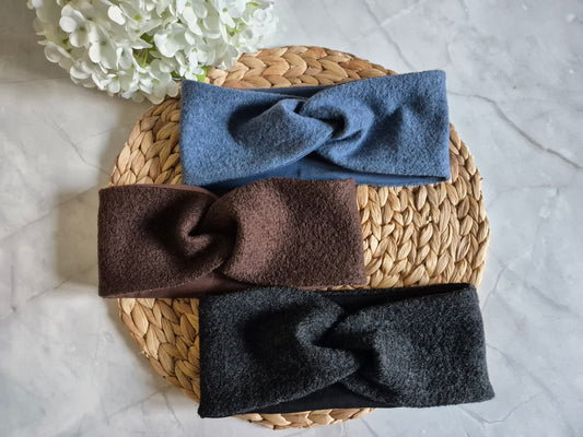 Merino Wollwalk Stirnband mit Futter aus BioBaumwolljersey - Blau, Schoko und Anthrazit