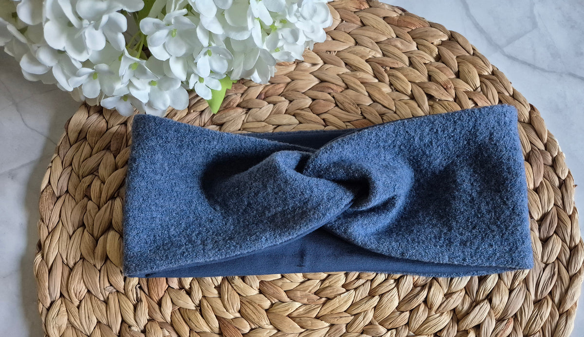 Merino Wollwalk Stirnband mit Futter aus BioBaumwolljersey - Blau, Schoko und Anthrazit