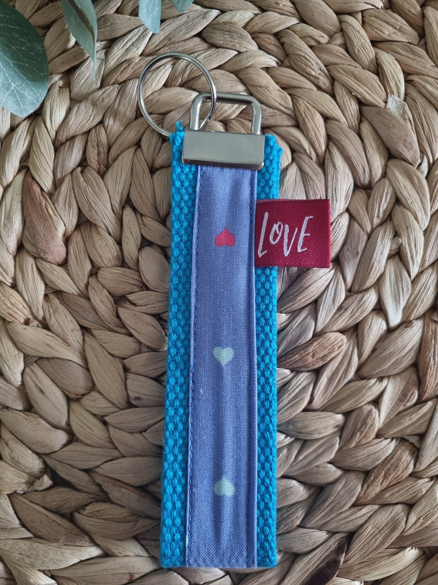 Cotton Key fob hearts fabric cotton key holder ring key holder hearts key fob band red blue housewarming gift for her