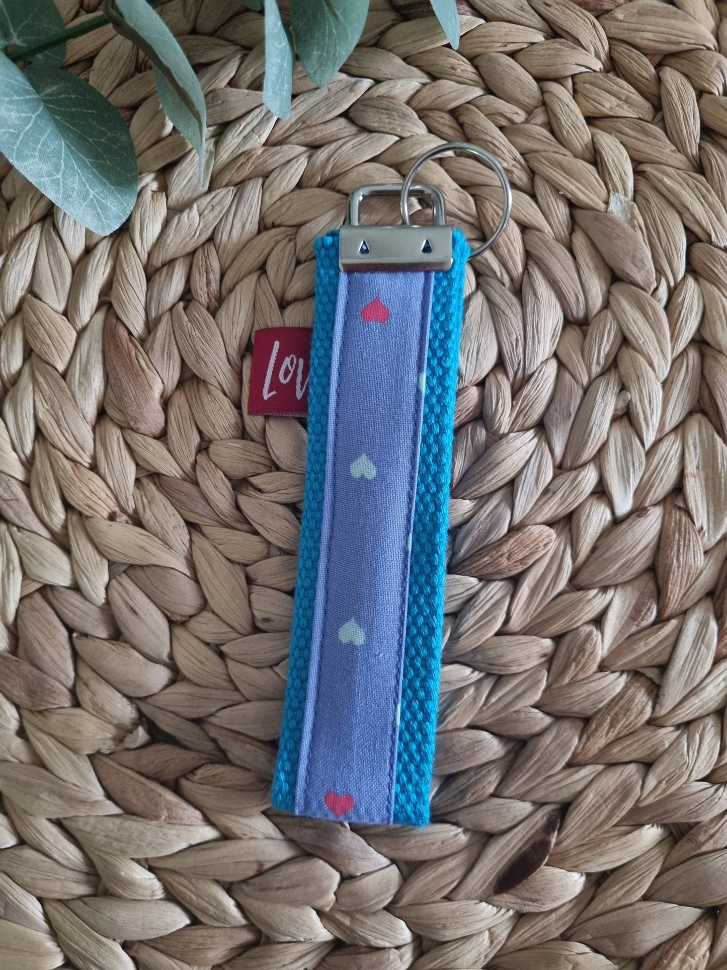 Cotton Key fob hearts fabric cotton key holder ring key holder hearts key fob band red blue housewarming gift for her