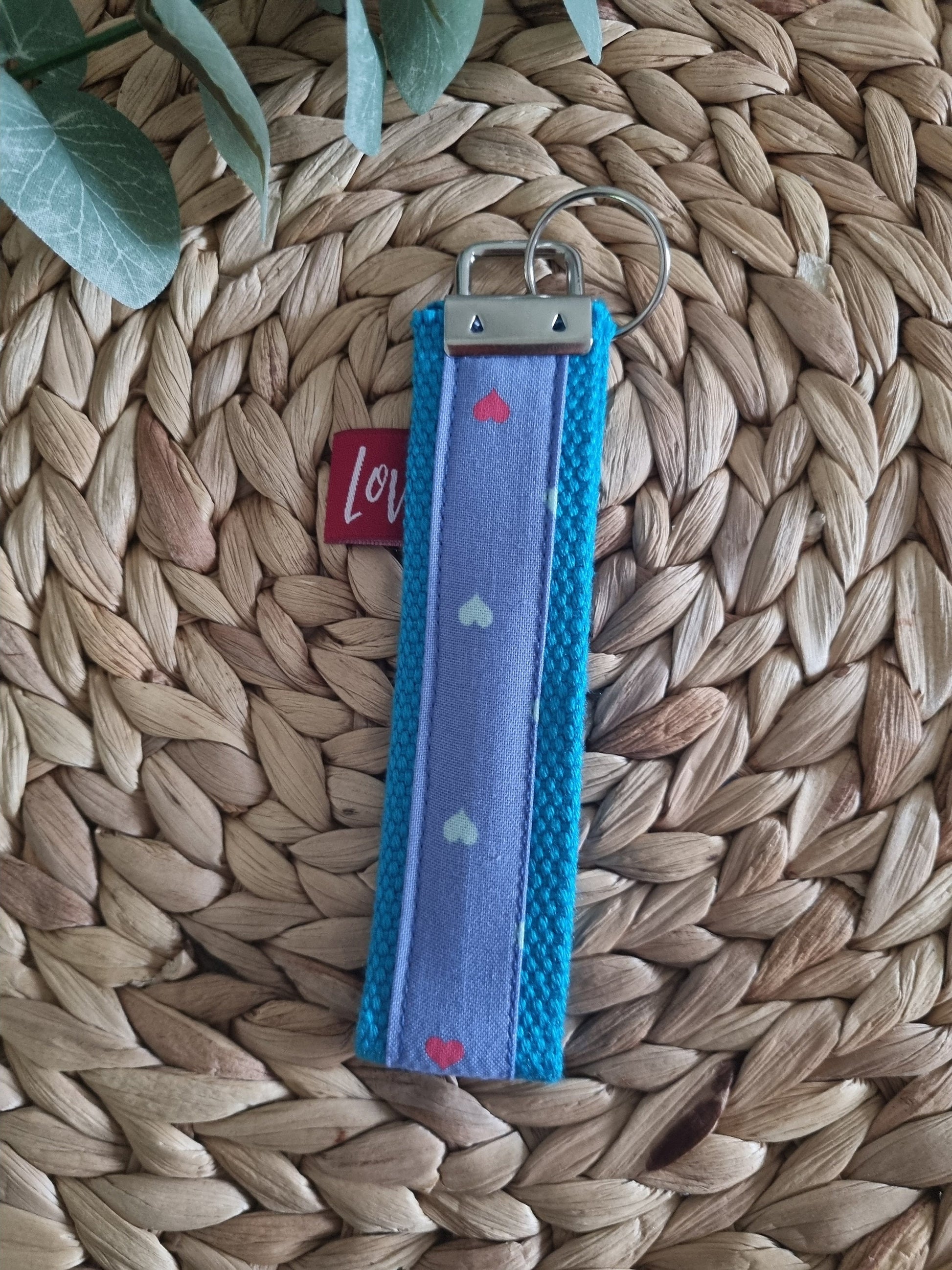 Cotton Key fob hearts fabric cotton key holder ring key holder hearts key fob band red blue housewarming gift for her