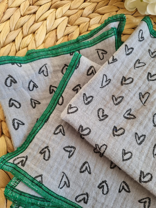 Stylish Grey Handkerchiefs with Heart Print – Soft, Washable, Eco-Friendly, Reusable Muslin Fabric (Set of 3)