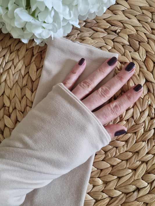 Stylish cozy wristwarmers for adults organic cotton wrist warmers organic jersey beige neutral coloured for adults one size fits all