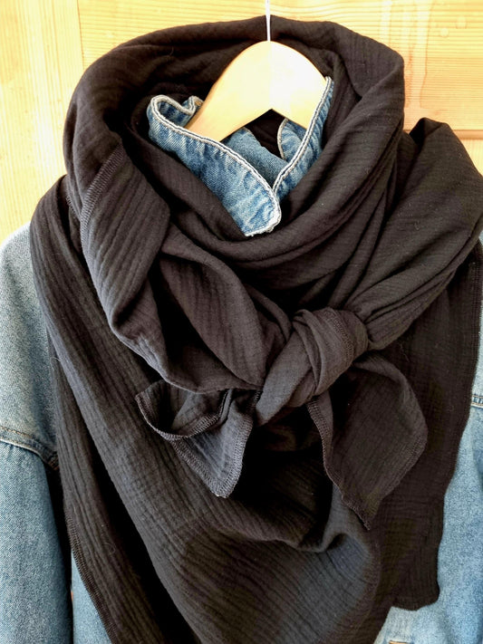 XXXL Black organic Cotton Stole Scarf - Cozy black Wrap - Versatile Shawl for Travel - Boho Fashion Accessory - perfect Gift