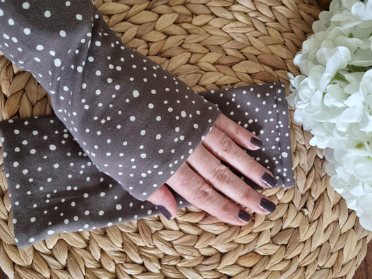 Stylish cozy wristwarmers for adults organic cotton wrist warmers organic jersey dot print brown one size fits all perfect christmas gift