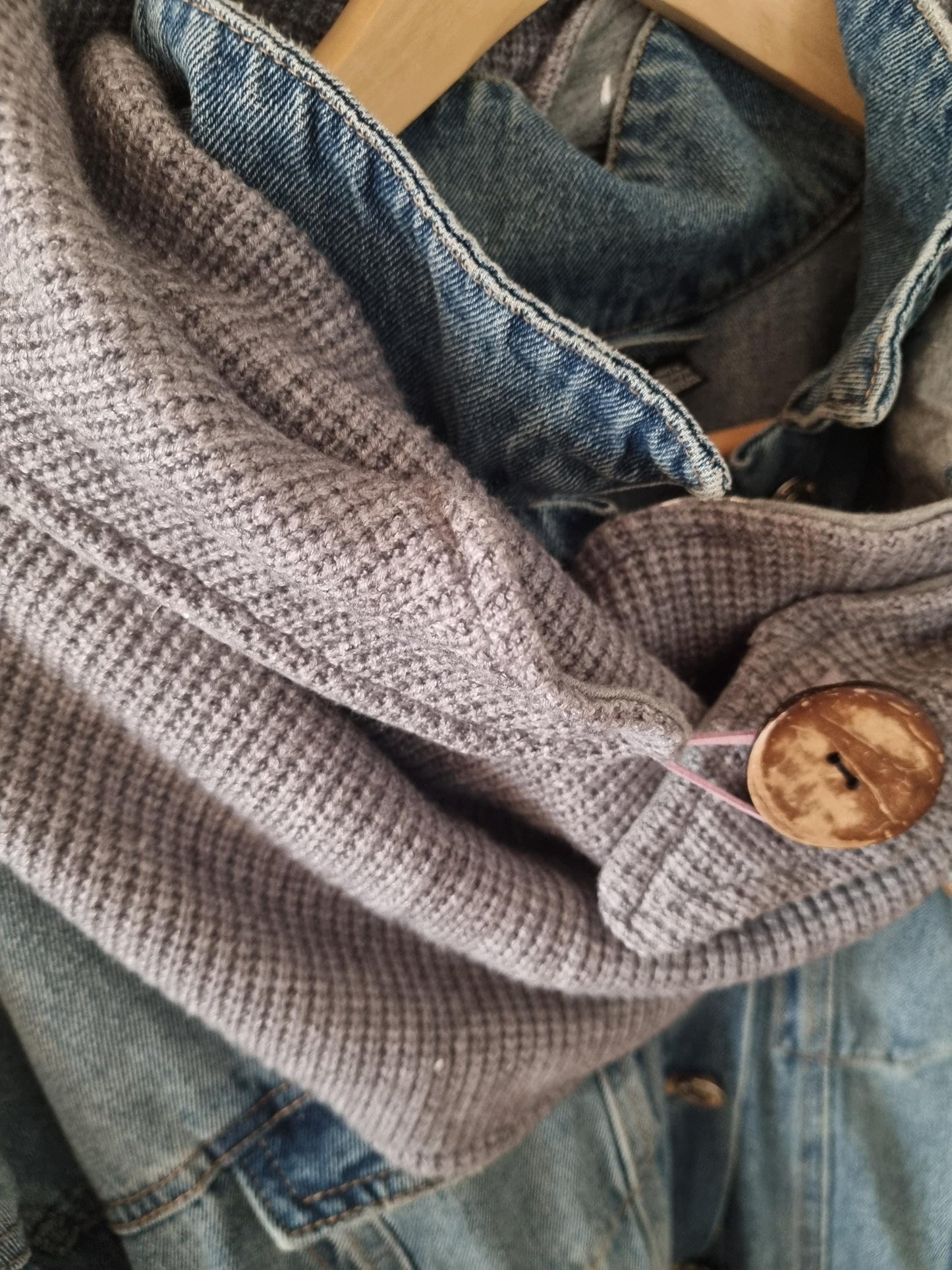 Knitted Grey Stole Scarf with 1 button - easy to style Wrap - Versatile Shawl - Boho Fashion Accessory - perfect winter scarf jersey lined