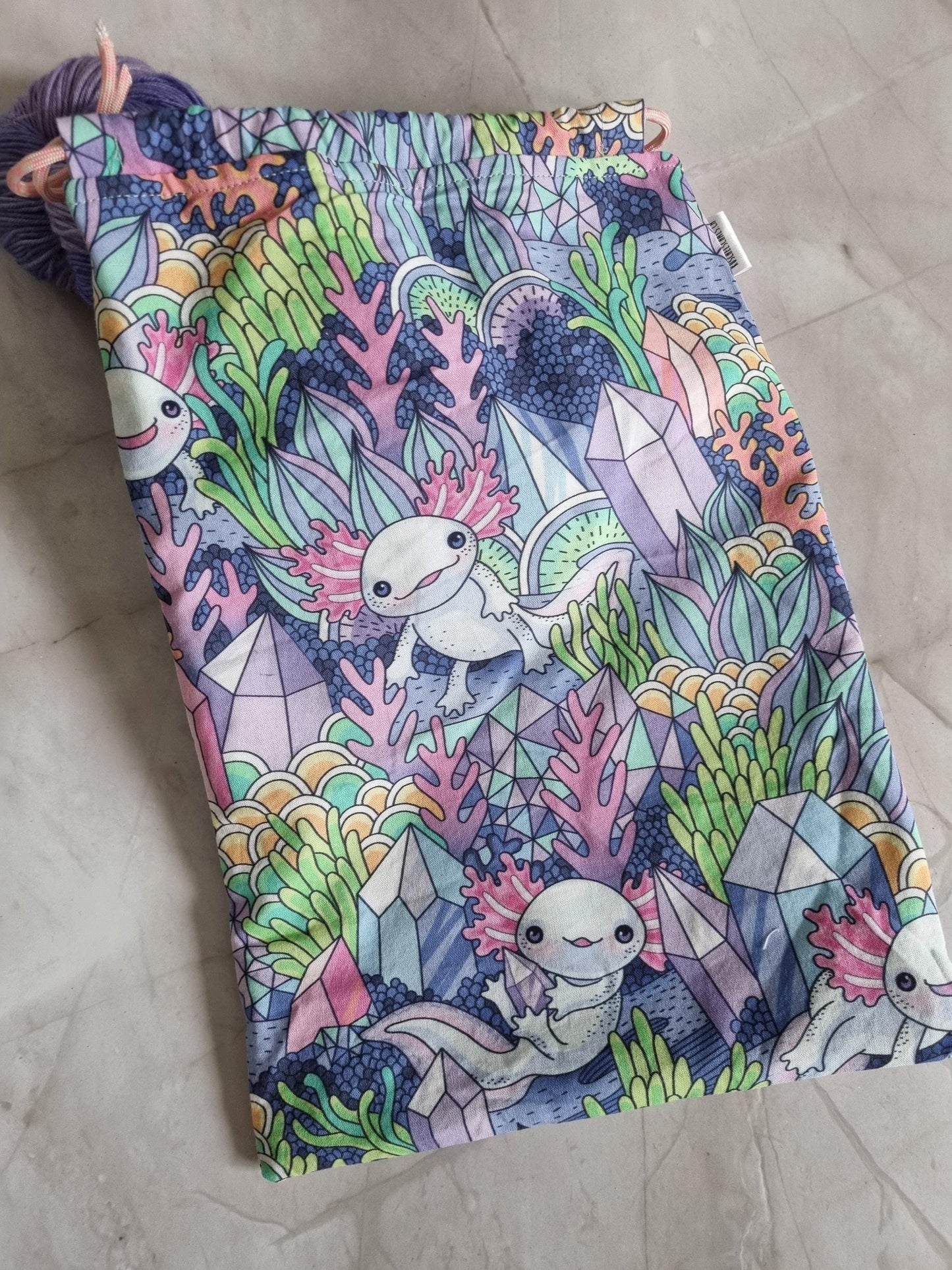 Fantasy Axelotl Print project Bag for knitting or crochet perfect gift for any crafter knitter crocheter cross stitch handmade