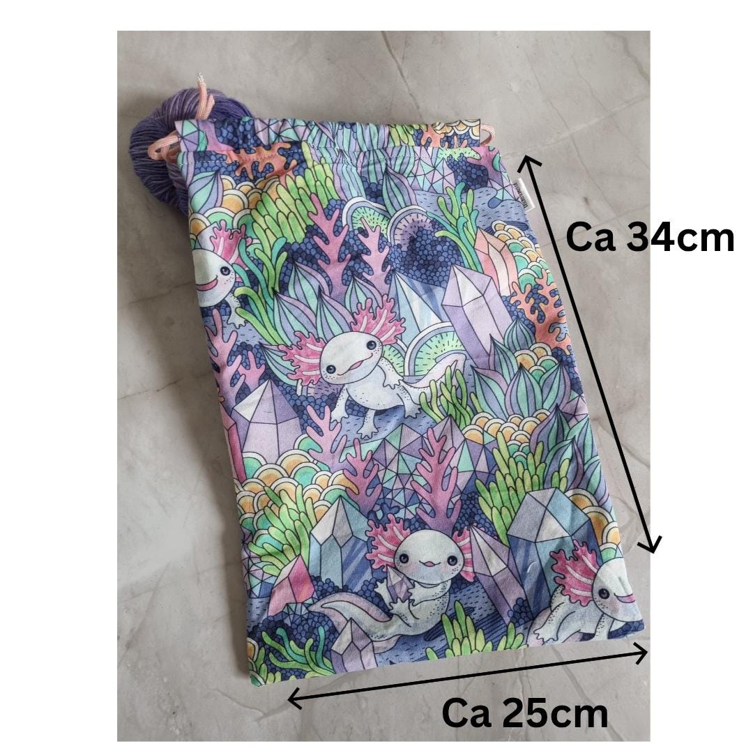 Fantasy Axelotl Print project Bag for knitting or crochet perfect gift for any crafter knitter crocheter cross stitch handmade