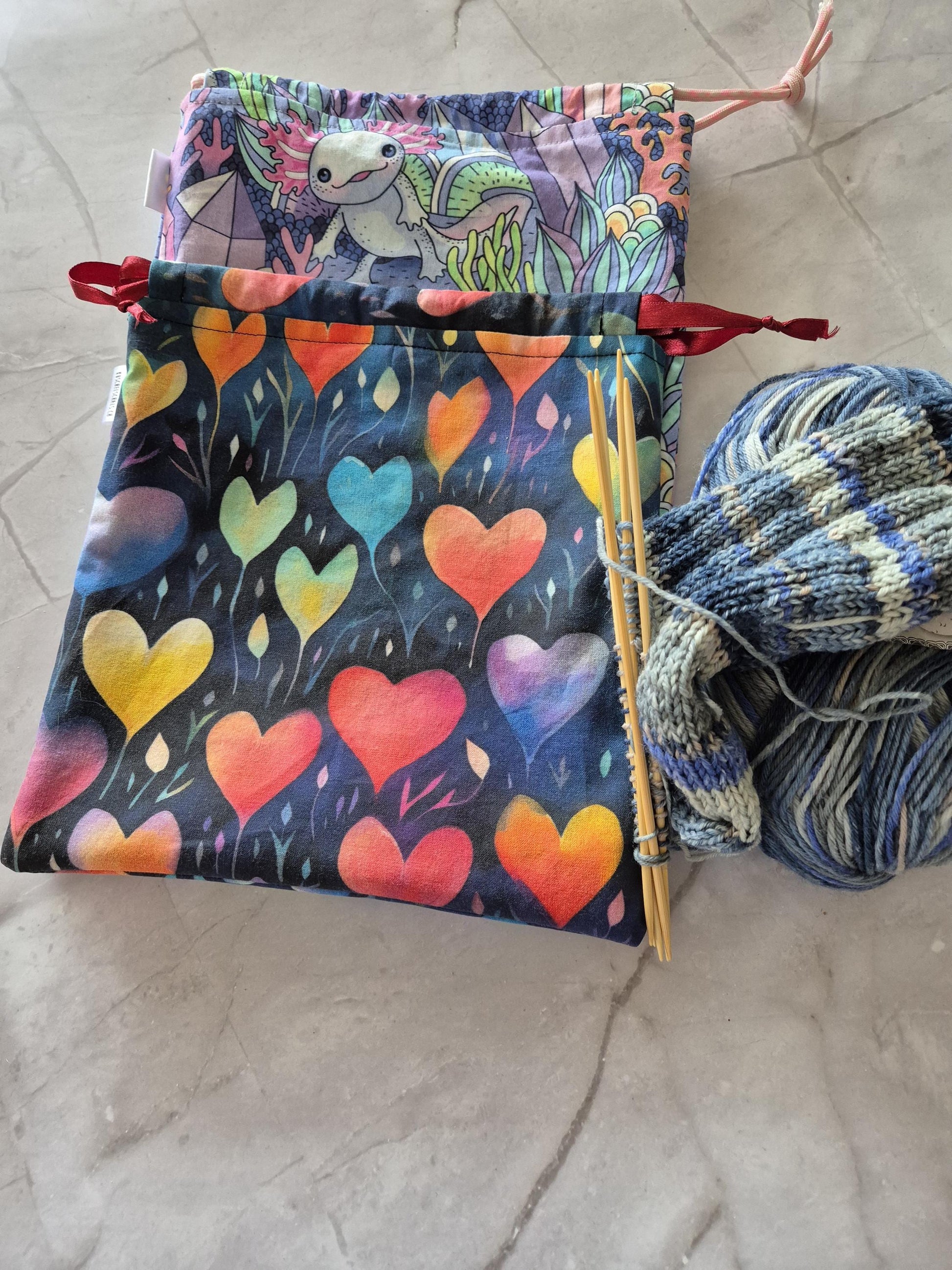 Fantasy heart Print project Bag for knitting or crochet perfect gift for any crafter knitter crocheter cross stitch handmade valentine gift