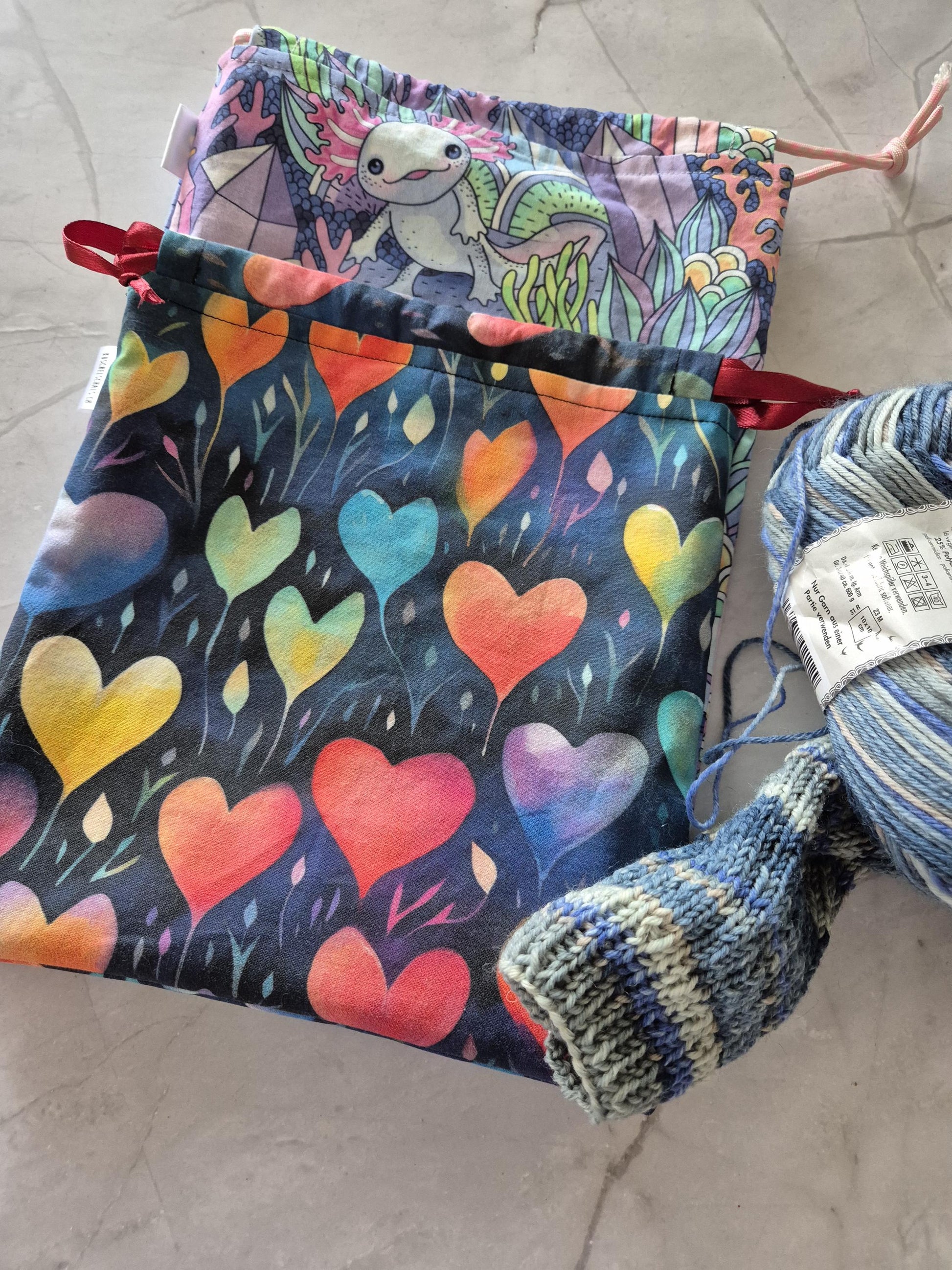 Fantasy heart Print project Bag for knitting or crochet perfect gift for any crafter knitter crocheter cross stitch handmade valentine gift