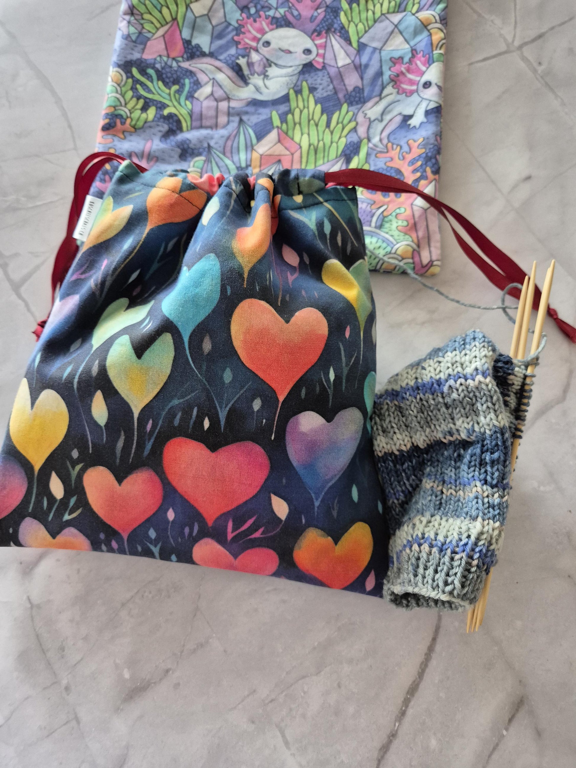 Fantasy heart Print project Bag for knitting or crochet perfect gift for any crafter knitter crocheter cross stitch handmade valentine gift