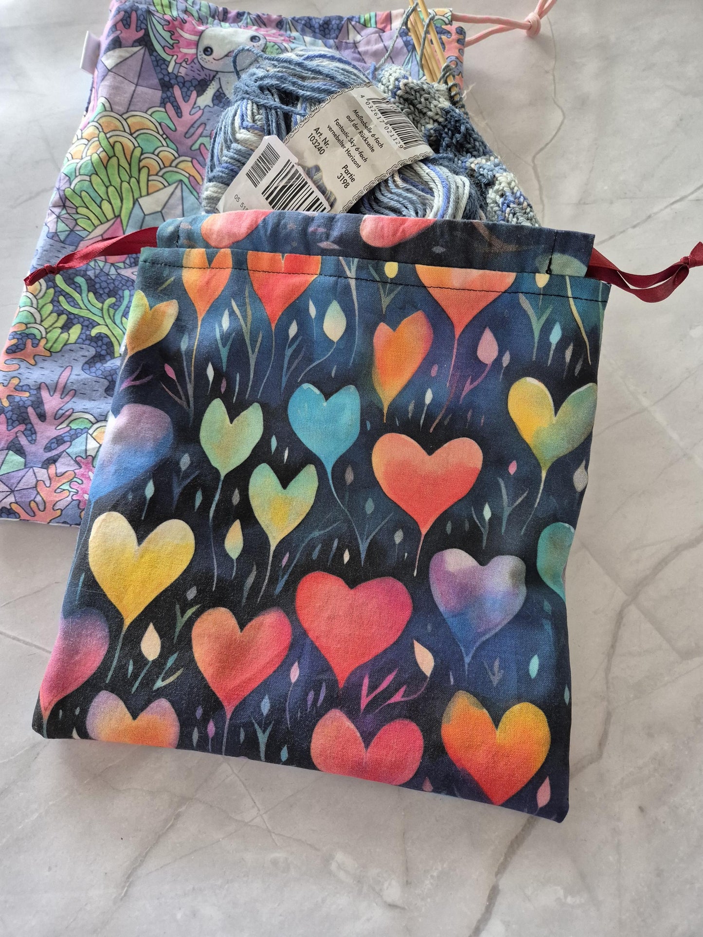 Fantasy heart Print project Bag for knitting or crochet perfect gift for any crafter knitter crocheter cross stitch handmade valentine gift
