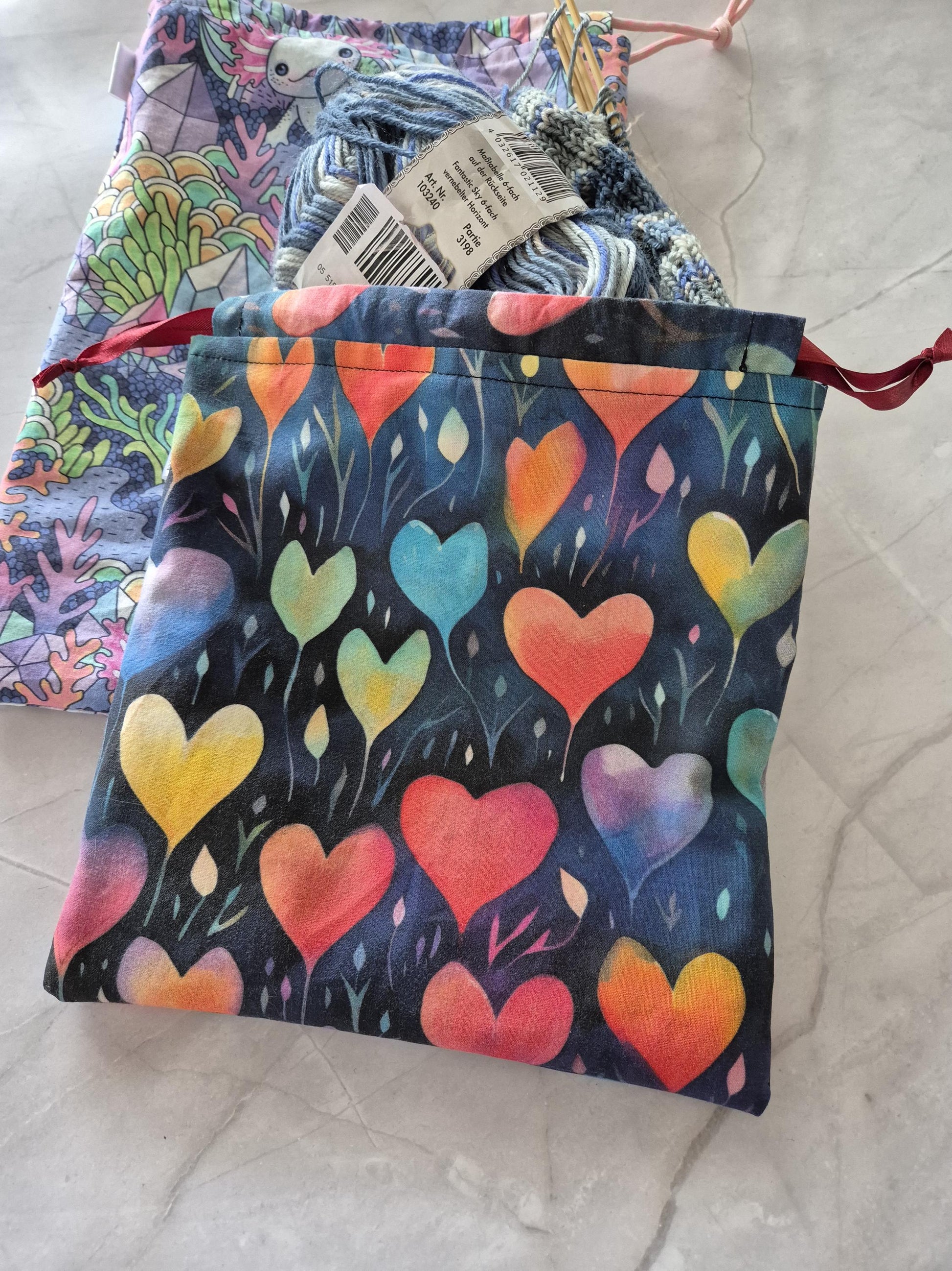 Fantasy heart Print project Bag for knitting or crochet perfect gift for any crafter knitter crocheter cross stitch handmade valentine gift
