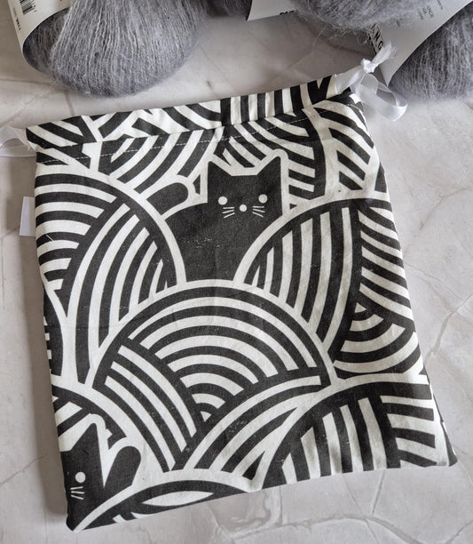 Black cat in yarn Print project Bag -3 Sizes- for knitting or crochet perfect gift for any crafter knitter crocheter handmade valentine gift