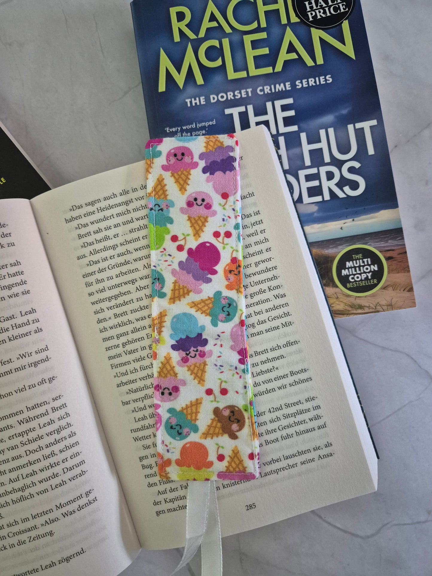 Lesezeichen Sommer Eiscreme Marienkäfer Glückskäfer Design, handgenäht, doppelseitig, tolles Geschenk für Leseratten, Studenten und Journaling Fans vegan