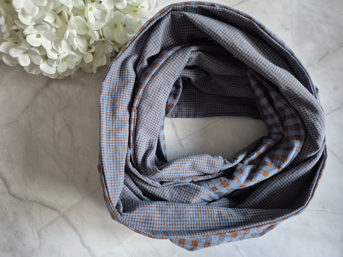 Loop Schal Braun Blau Vegan Baumwolle Slowfashion Karo jeansblau unisex