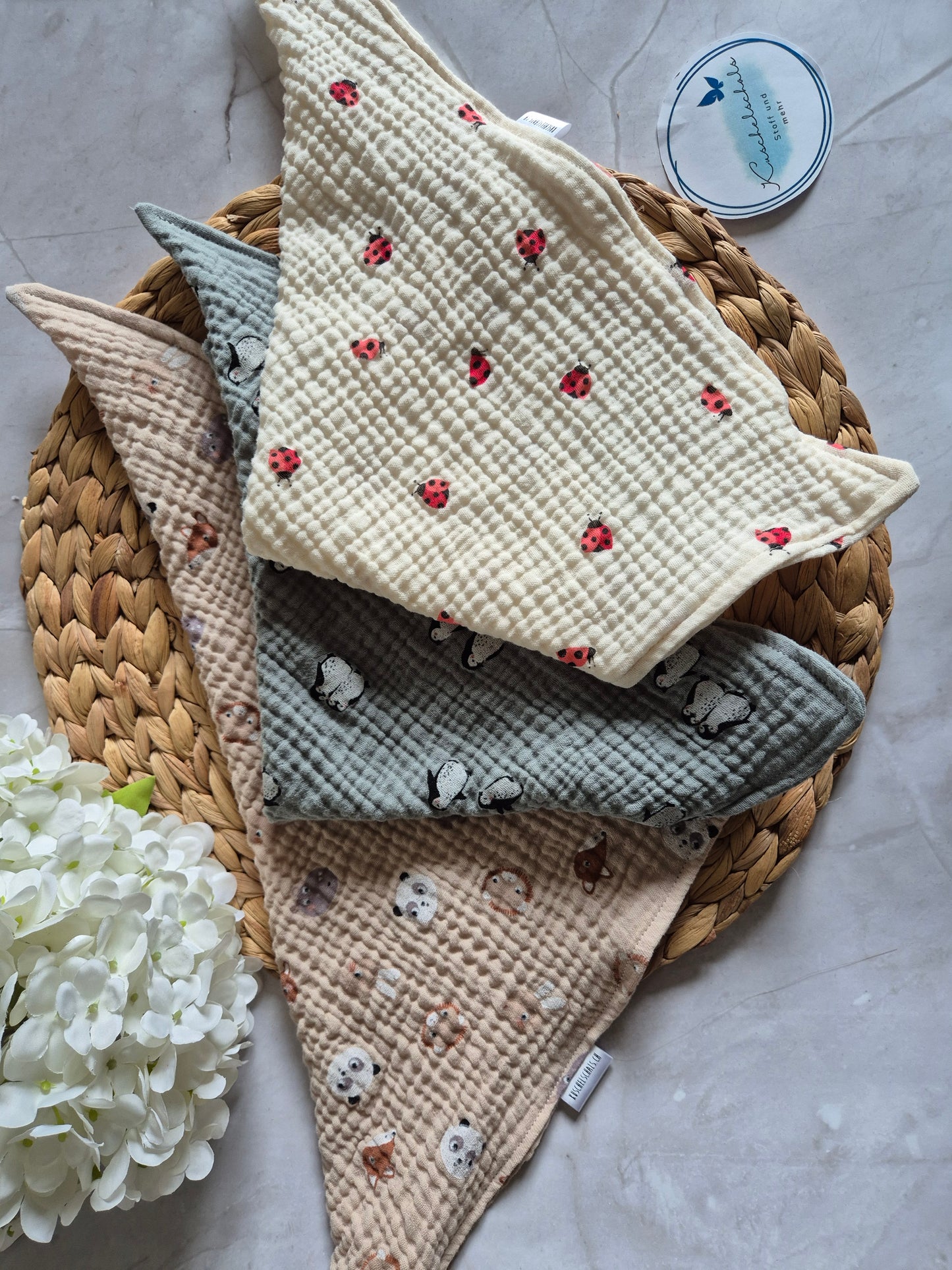 Kinderschals aus 100% Baumwollmusselin vegane Kinderkleider; Halstuch für Kinder; Geschenk für Adventskalender, Marienkäfer Pinguin Bären