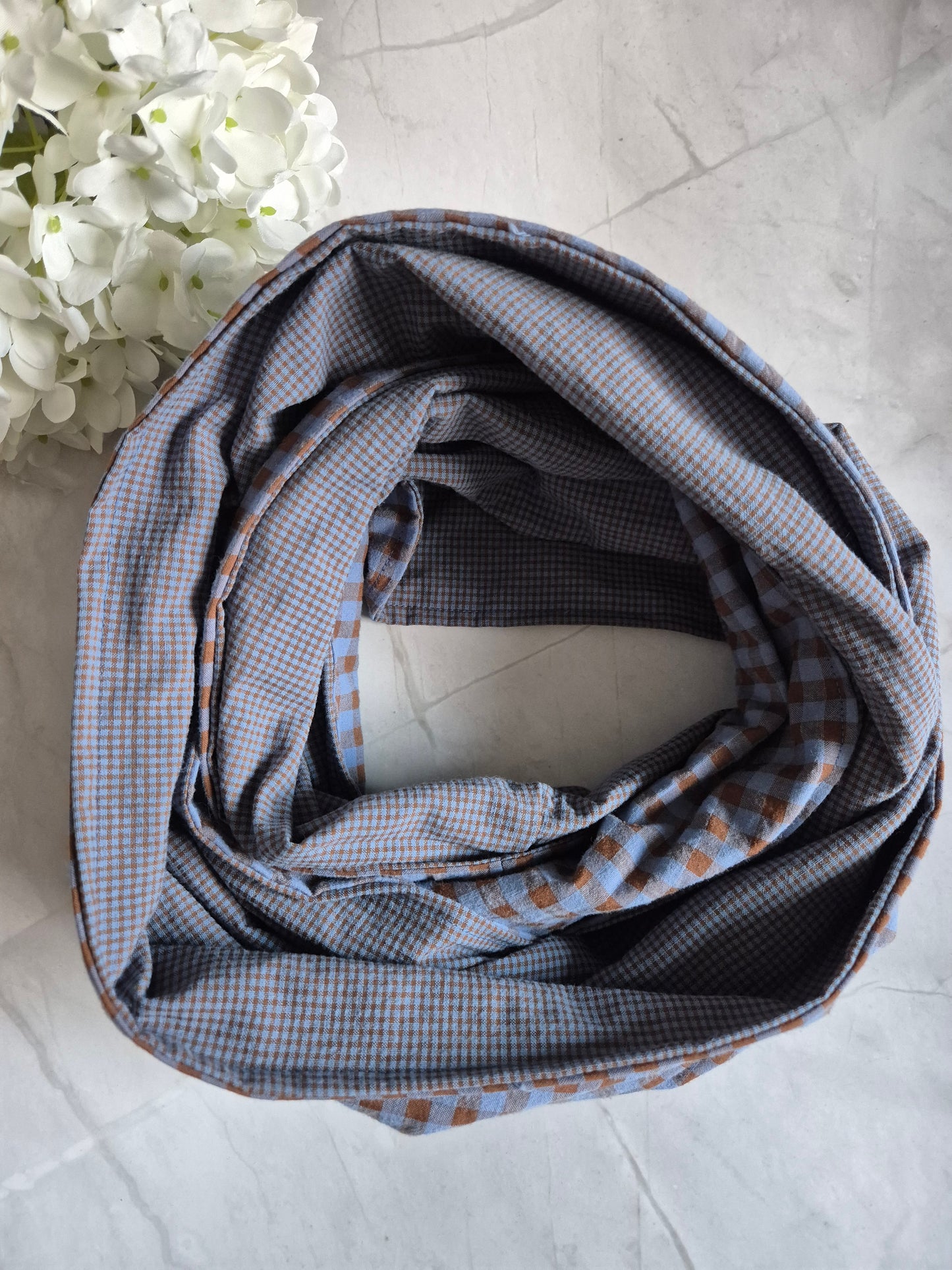 Loop Schal Braun Blau Vegan Baumwolle Slowfashion Karo jeansblau unisex