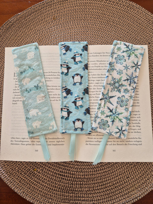 Lesezeichen Winter Pinguin Kawaii Design, handgenäht, doppelseitig, tolles Geschenk für Leseratten, Studenten und Journaling Fans vegan