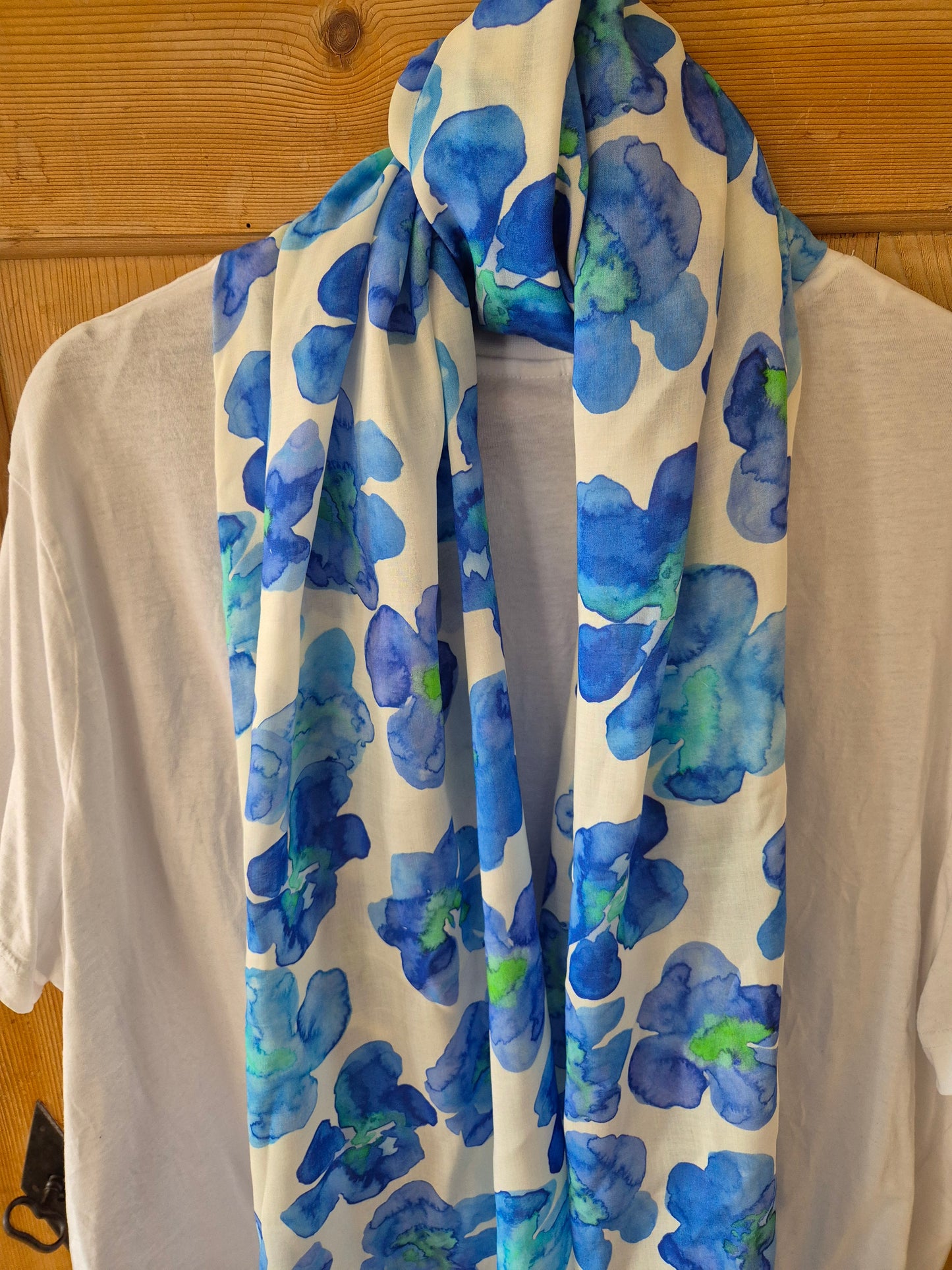 Blue Flower Cotton Voile Stole Scarf - stylish Print Wrap - Versatile Shawl for business - Boho Fashion Accessory - Ideal Gift XXL scarf