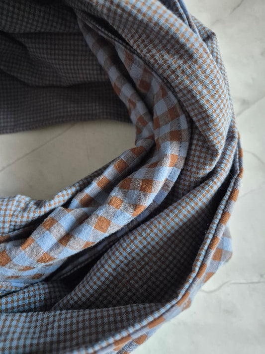 Loop Schal Braun Blau Vegan Baumwolle Slowfashion Karo jeansblau unisex