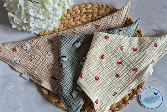 Kinderschals aus 100% Baumwollmusselin vegane Kinderkleider; Halstuch für Kinder; Geschenk für Adventskalender, Marienkäfer Pinguin Bären