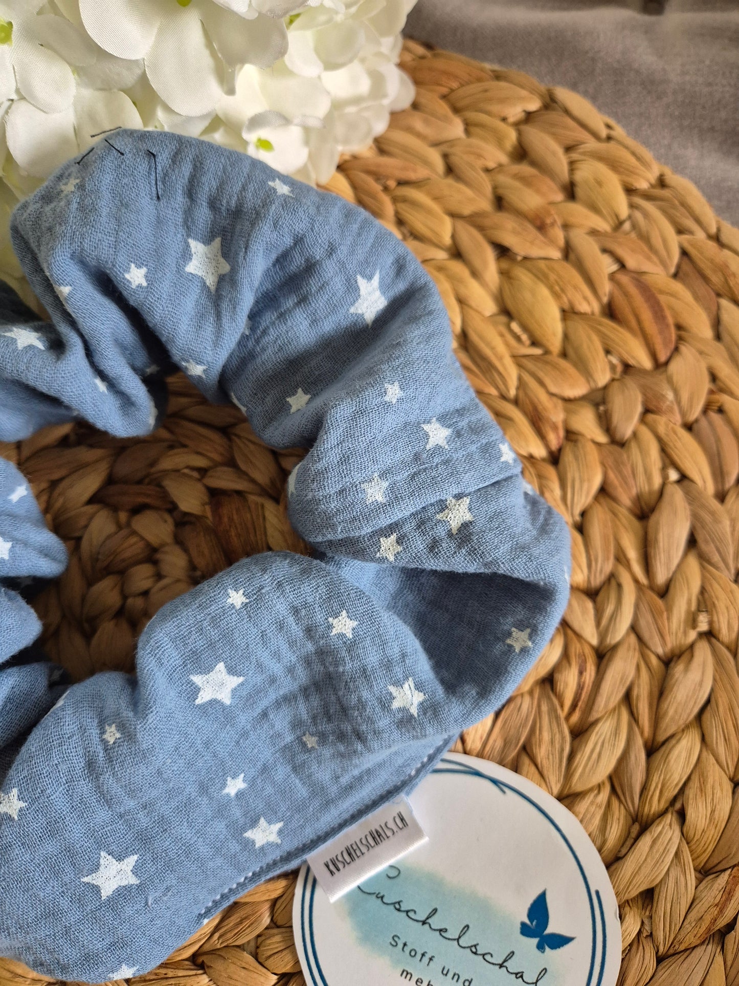 Jeans Sterne musselin Scrunchie Hair bobble handmade Ponytail holder perfect gift hair accessories chic hair tie